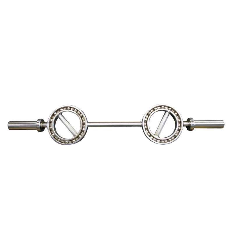 A pair of metal bars featuring two holes, identified as an EYE Olympic Curl Bar for weightlifting.
