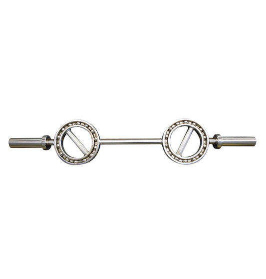 A pair of metal bars featuring two holes, identified as an EYE Olympic Curl Bar for weightlifting.