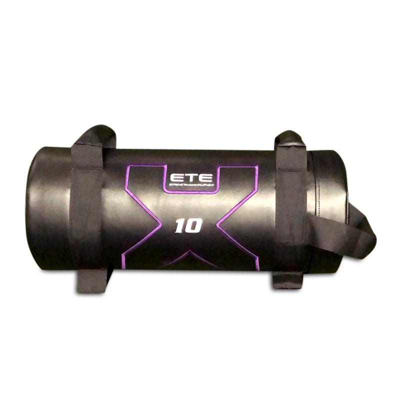A black and purple exercise bag labeled with the number 10, indicating it is a 10lb Power Bag for workouts.