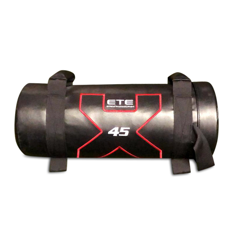 Large black foam roller labeled "ete 45," designed for fitness, alongside a 45lb Power Bag