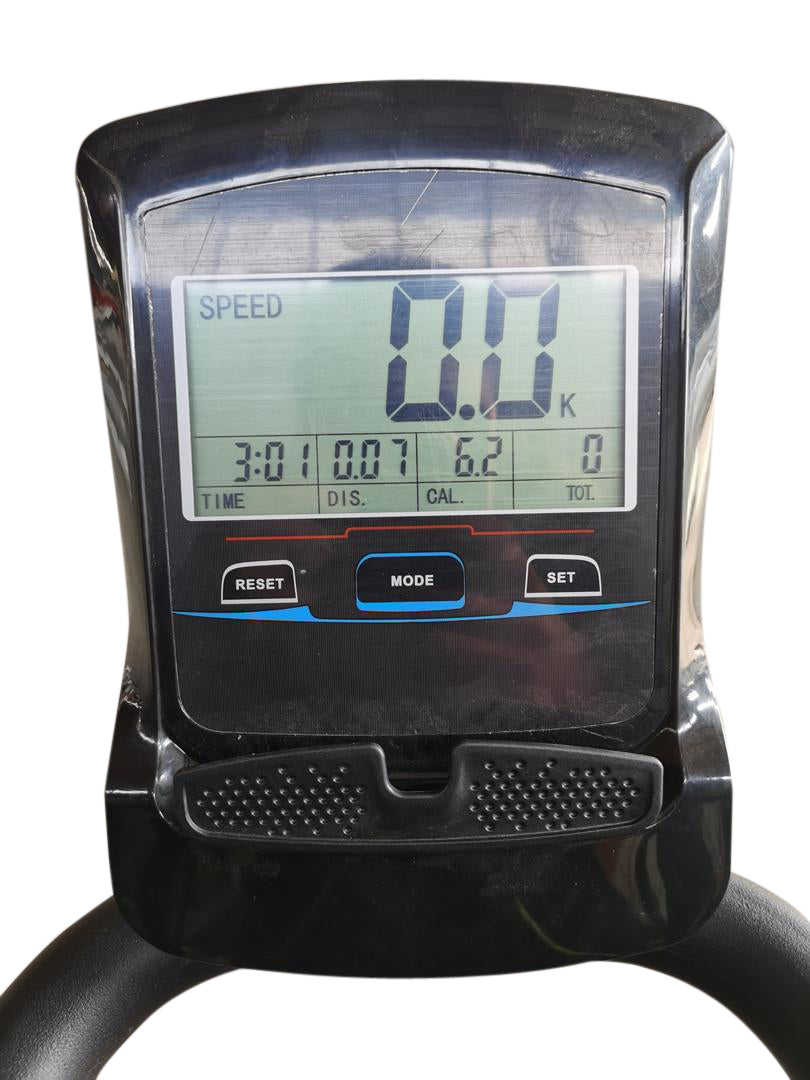 Close-up of a digital display on a AirGo Treadmill, showing speed, distance, and time metrics for the user.