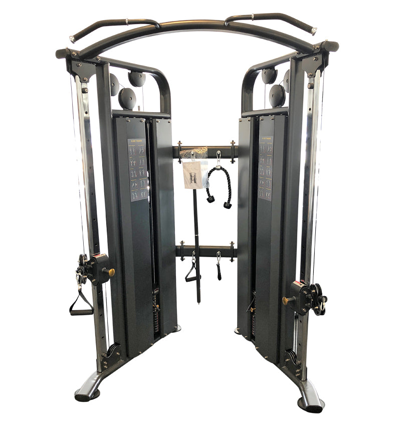 A black and silver PL7320 Functional Trainer Dual Cable Machine, highlighting its modern fitness equipment design.
