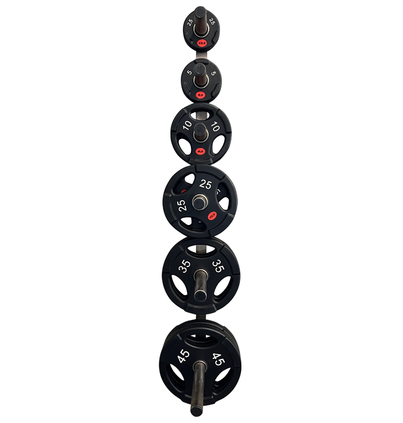 A set of three black urethane Olympic grip weights on a black background, showcasing their sleek design and durability.