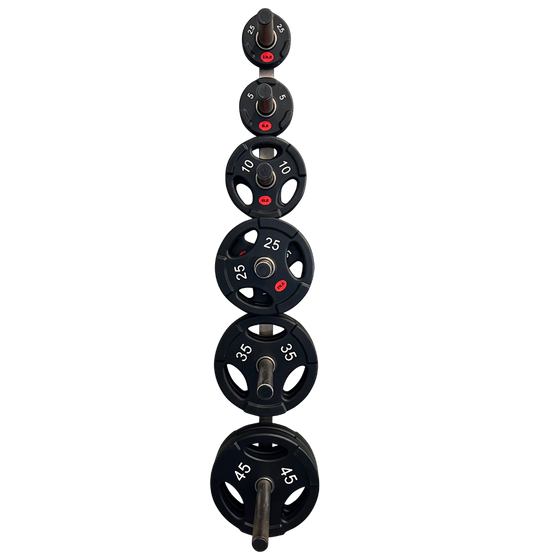 A set of three black urethane Olympic grip weights on a black background, showcasing their sleek design and durability.