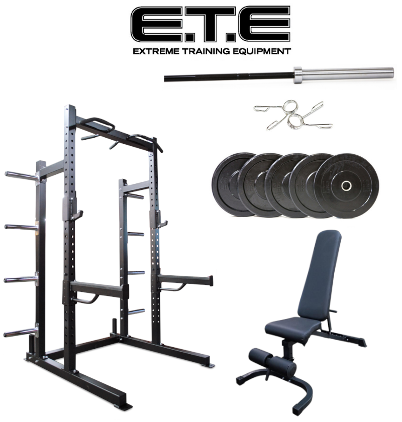 ETE Pro Half Rack power rack Package Deal with bench set, designed for strength training and fitness workouts.