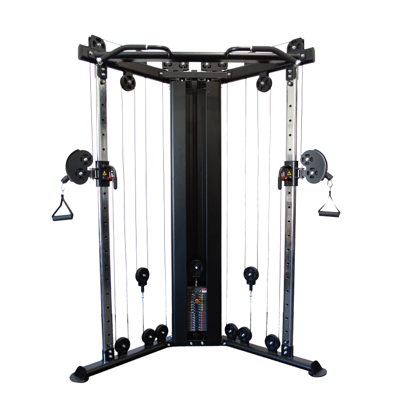 A black functional trainer gym machine featuring two adjustable bars for strength training exercises