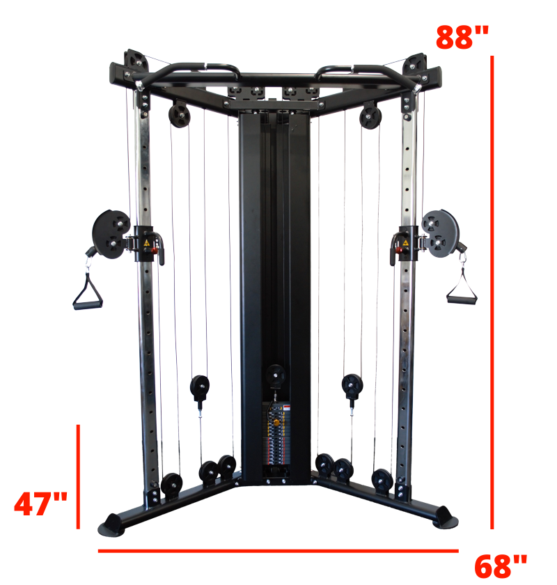 Adjustable pull-up machine shown with measurements, categorized as a Single Stack Functional Trainer.