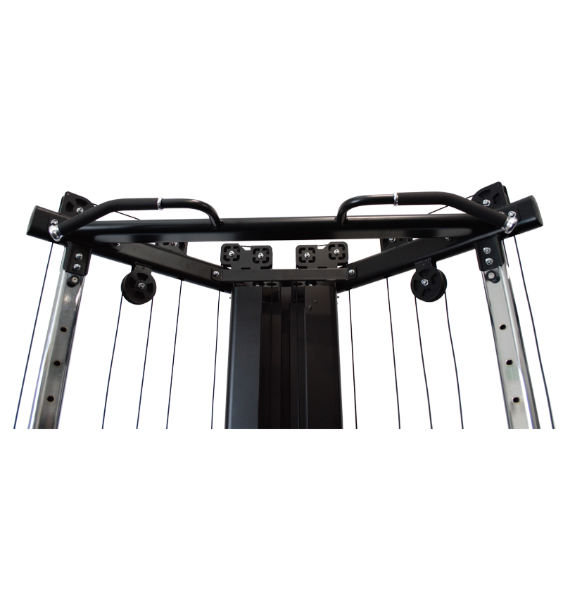 Black exercise machine viewed from the back, emphasizing its modern design and functionality for various exercises.