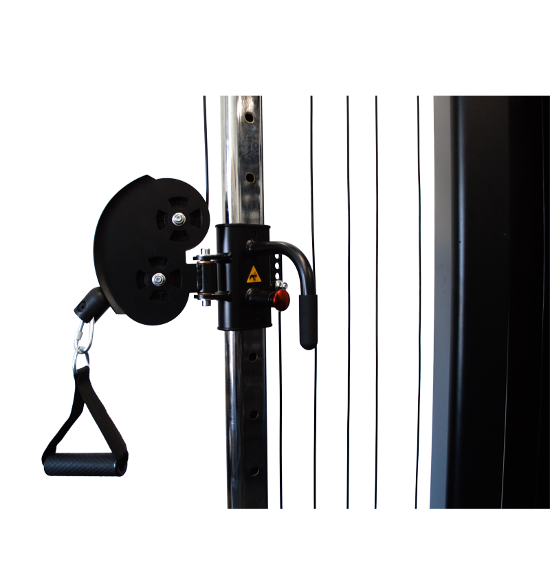 Black gym equipment featuring a pulley, designed as a Single Stack Functional Trainer for versatile workouts.