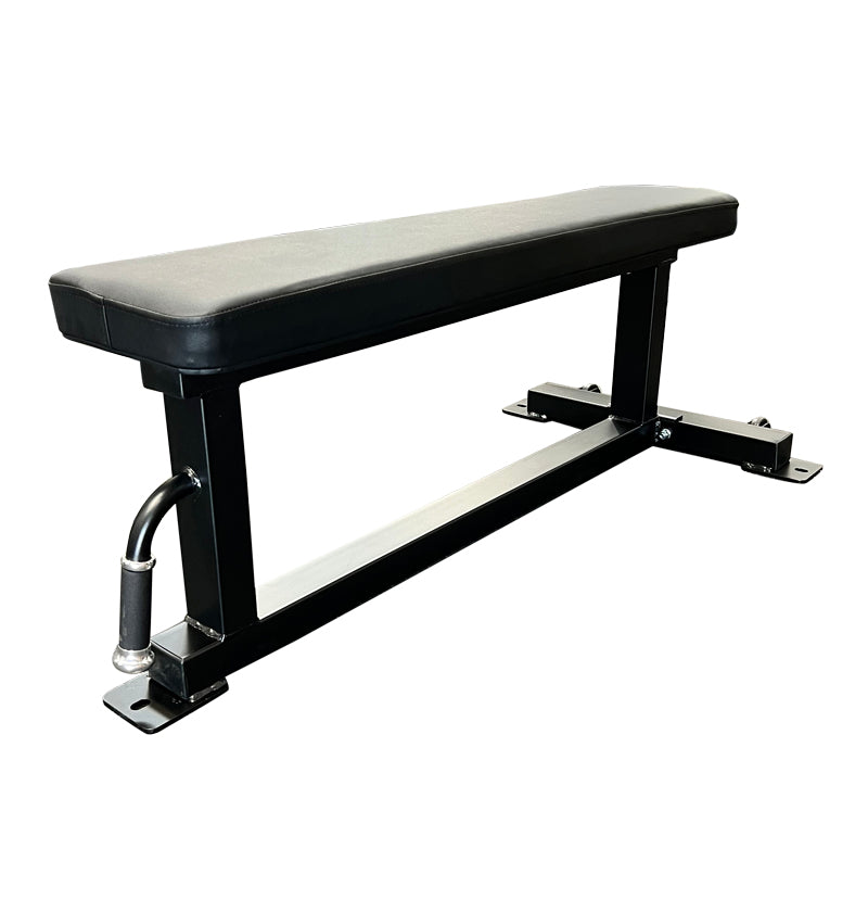2" X 3" Flat Bench PL7327D featuring a black bench with a sturdy metal frame and integrated footrest for comfort