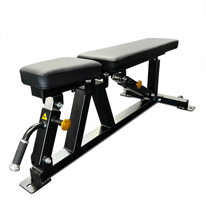 Black gym bench with yellow buttons, model Adjustable Flat Incline Bench PL7328E, designed for versatile workouts.