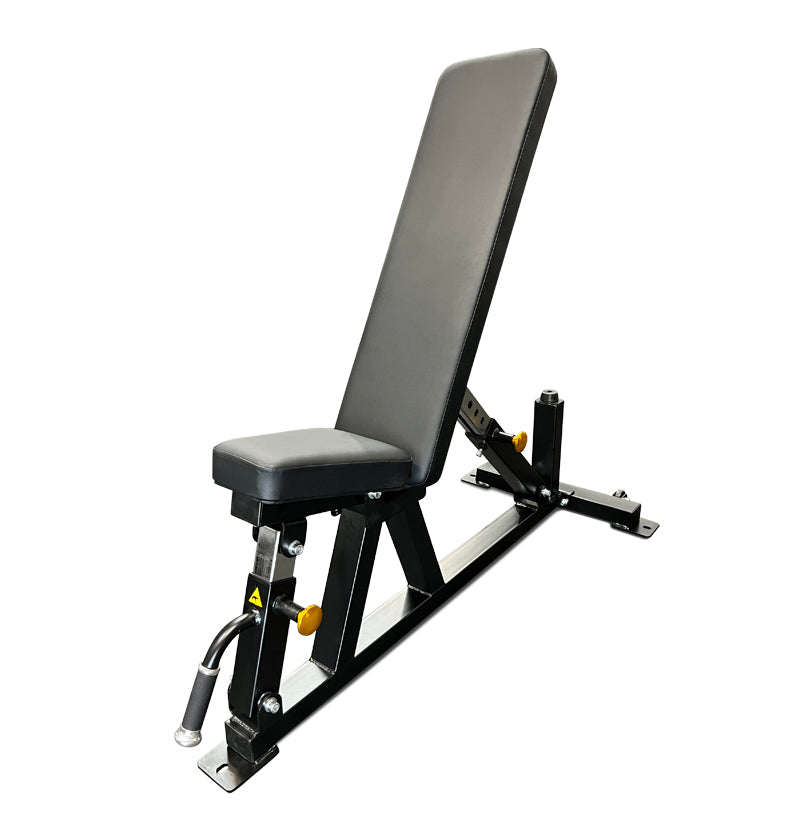 Black Adjustable Flat Incline Bench PL7328E with a cushioned seat, designed for versatile gym exercises.