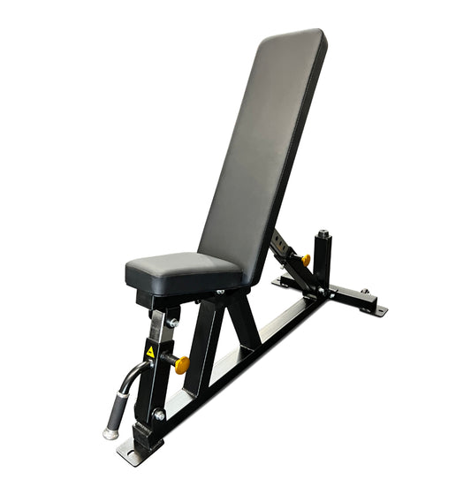 Black Adjustable Flat Incline Bench PL7328E with a cushioned seat, designed for versatile gym exercises.