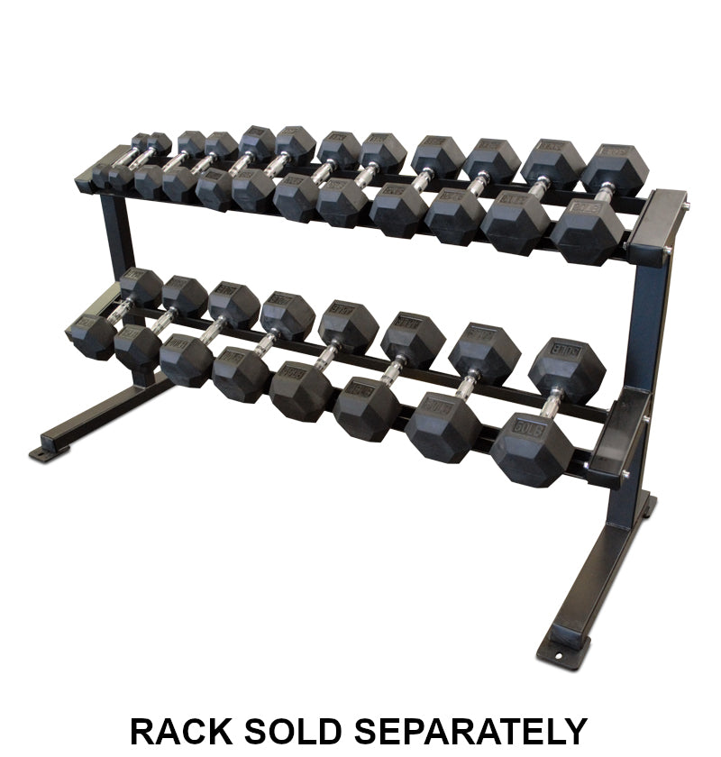 Rack displaying Rubber Hex Dumbbell Sets, with a note indicating the rack is sold separately.