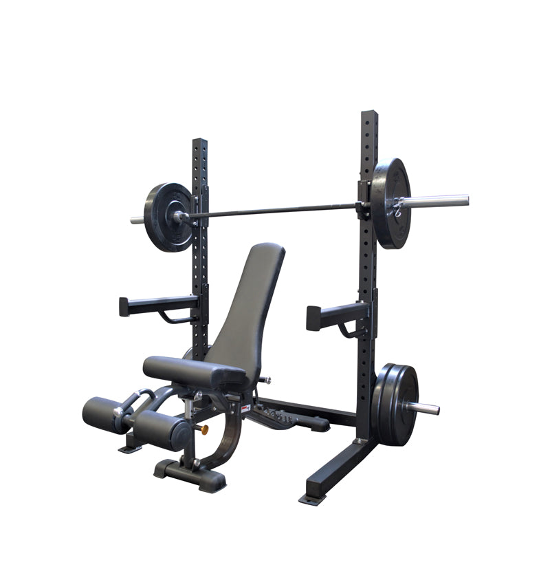 A black squat rack with a bench and bar, labeled as '6' Basic Squat Rack', designed for strength training.
