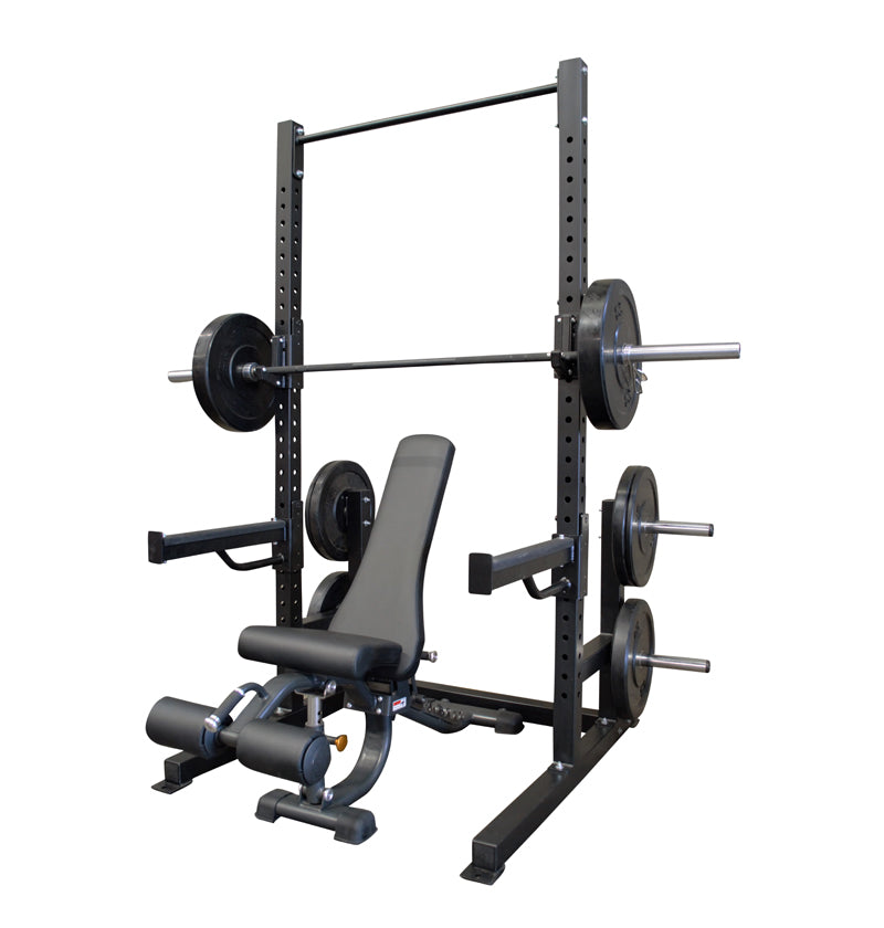 Deluxe Squat Rack featuring a bench and weights, designed for strength training and fitness workouts.