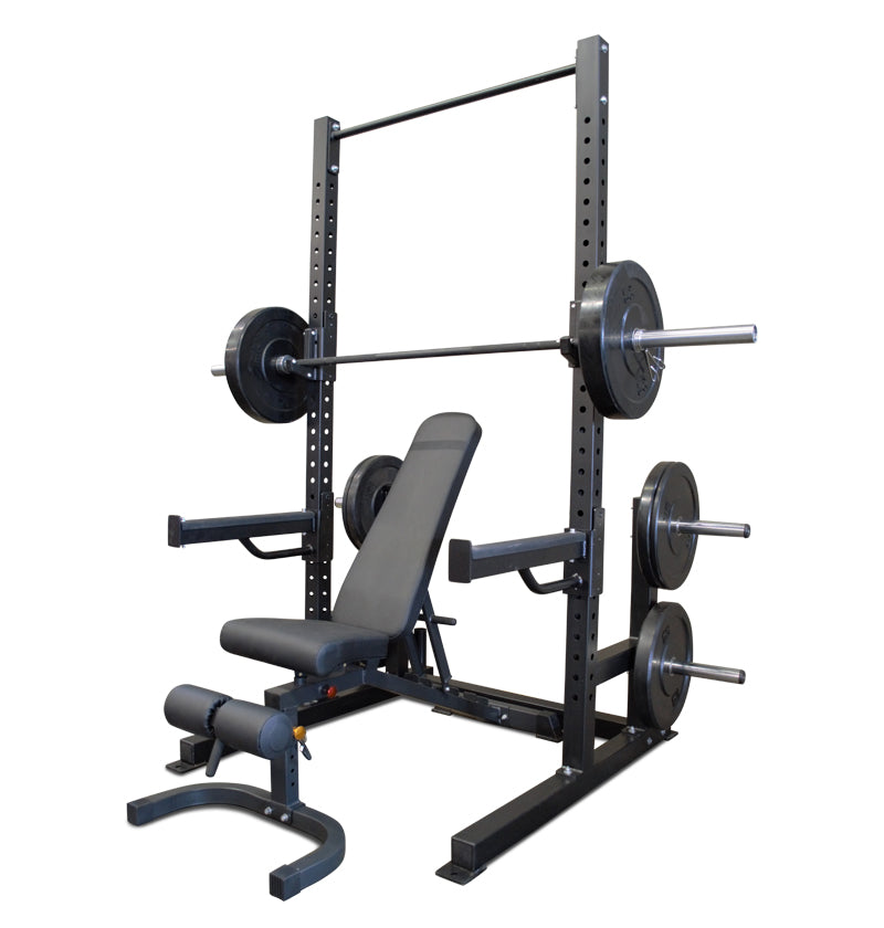 Deluxe Squat Rack featuring a bench and weights, designed for strength training and fitness workouts.