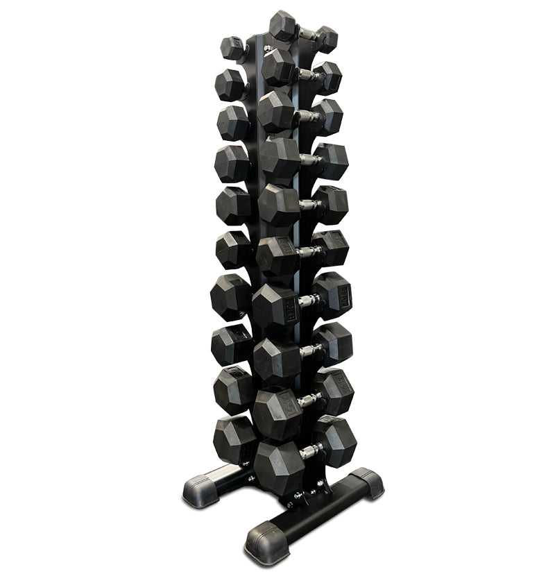 A vertical dumbbell rack in black, featuring weights neatly arranged for convenient use in a gym environment.
