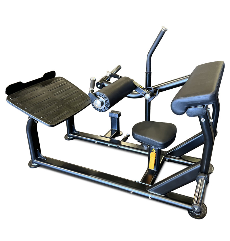 Gym machine for hip thrusts featuring a seat and a bar, model PL7386, designed for strength training exercises.