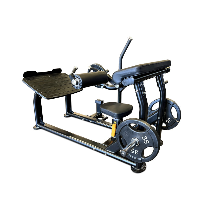 Gym machine for hip thrusts, featuring a seat and a bar, model PL7386, designed for strength training exercises.