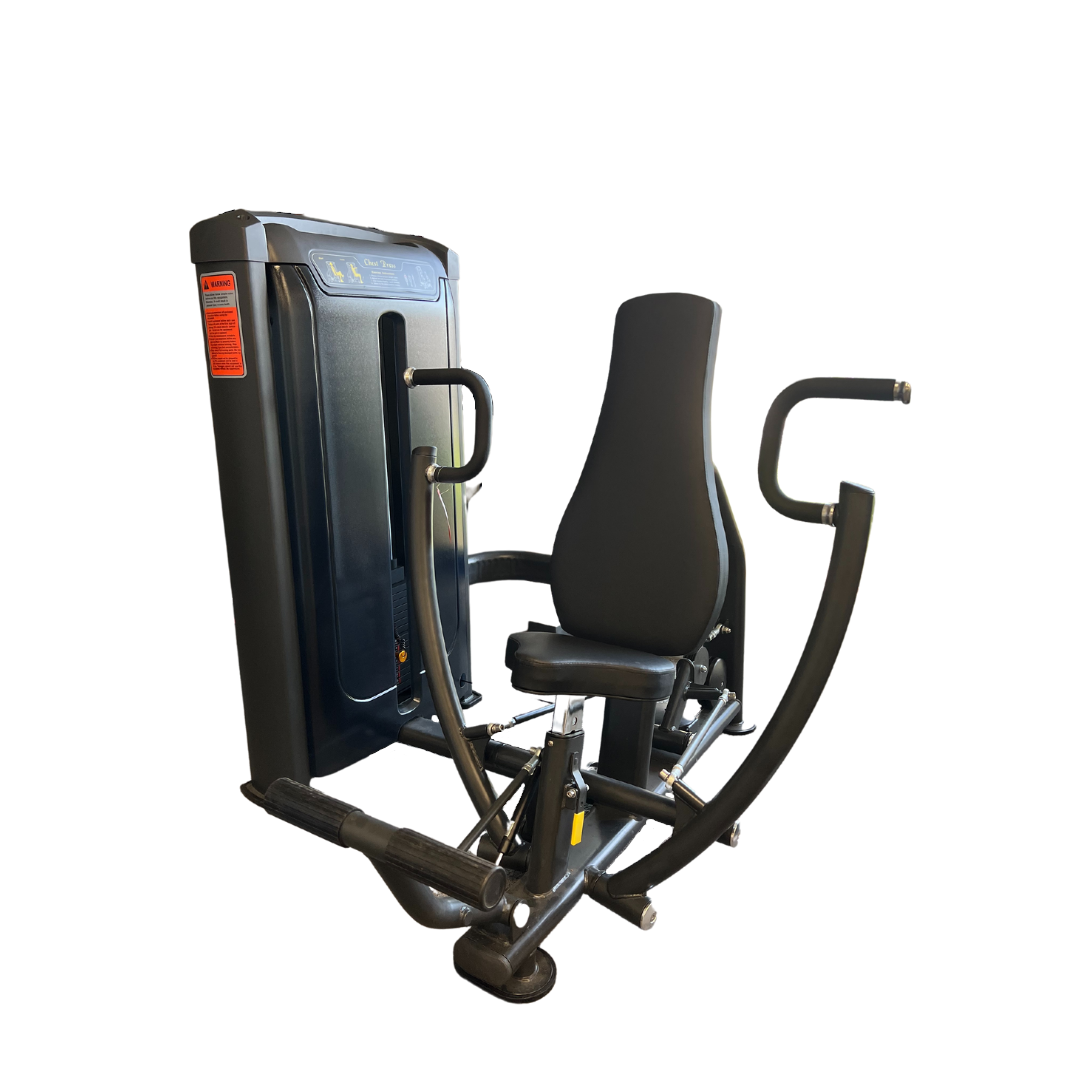 A black chest press machine with a comfortable seat and armrest for effective workouts