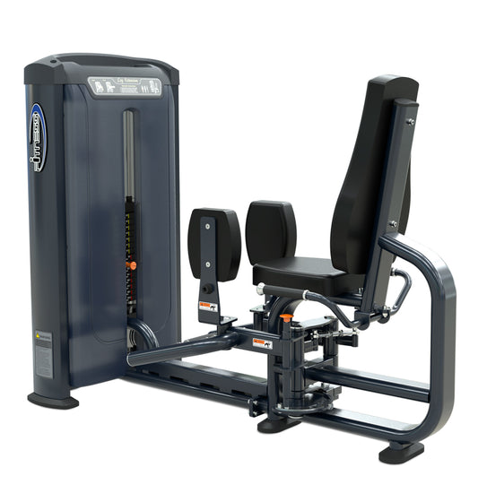A leg press machine, specifically the PL7910 Inner Outer Thigh Machine, is featured in the image for fitness use.