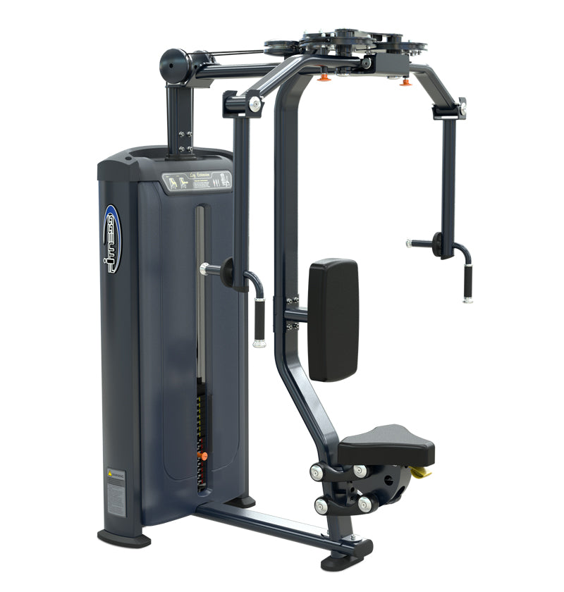 The PL7916 Pec Fly Rear Delt machine is displayed, used for targeting the chest and rear deltoid muscles.