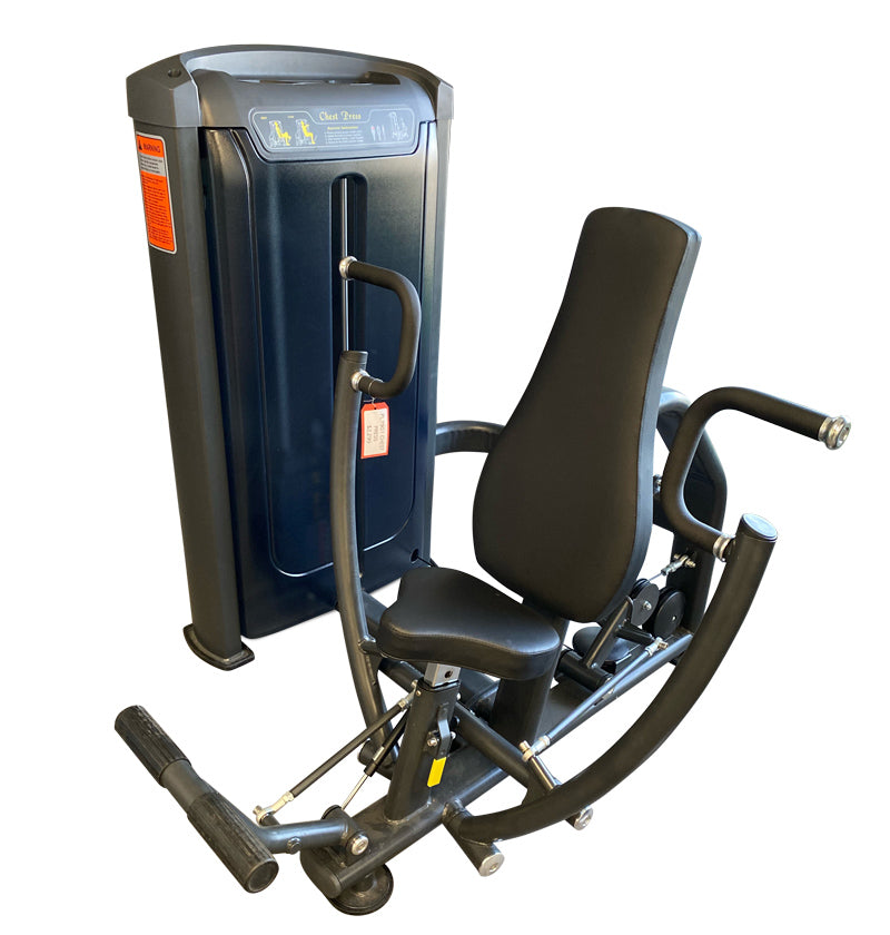 Black chest press machine with padded seat and armrests for a smooth, effective workout.
