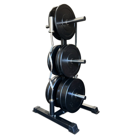 A black weight rack showcasing three plates, designed as a tall bumper plate tree with two bar holders.