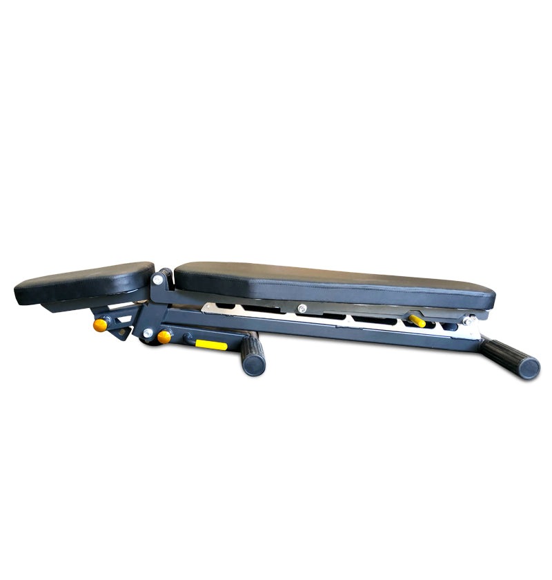 A black workout bench with a comfortable seat, ideal for various exercise routines.