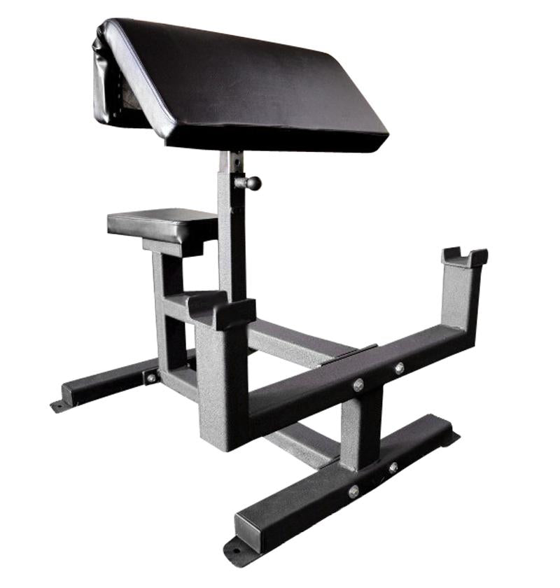 Black preacher curl bench featuring a padded seat and footrest for strength training exercises.