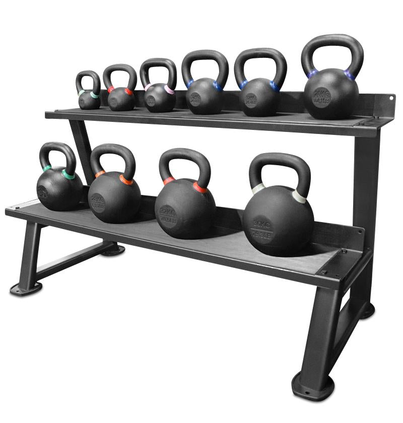 A fitness rack filled with kettlebells and weights, showcasing a variety of sizes for strength training exercises.