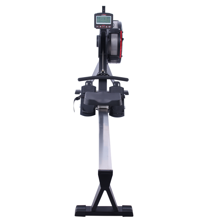 Commercial AirGo Rower rowing machine with black and red color scheme, featuring a thick padded seat, console with various function buttons, and air resistance mechanism.