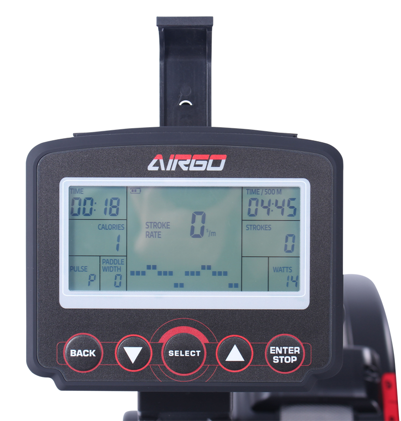 The AirGo rowing machine features a digital display, highlighting various workout metrics for user tracking.