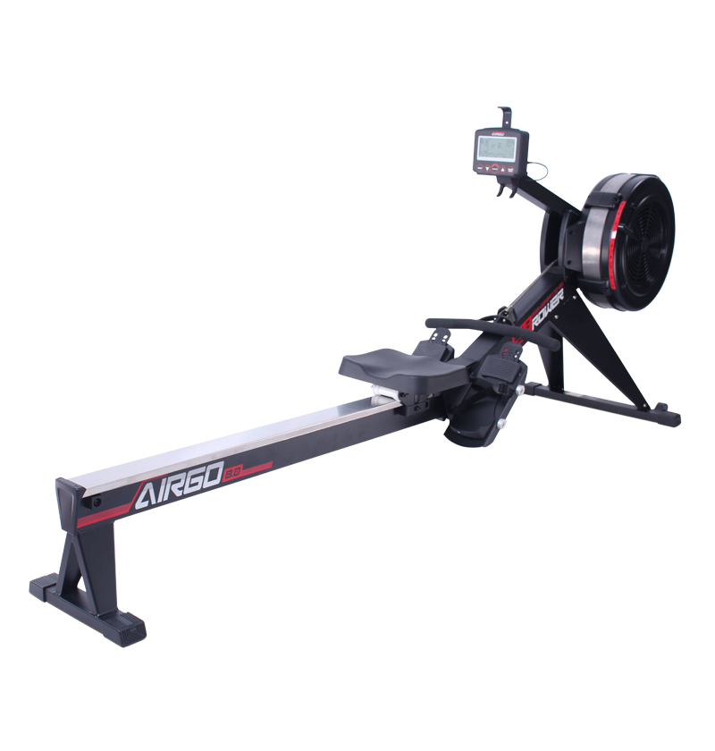 Commercial AirGo Rower rowing machine with black and red color scheme, featuring a thick padded seat, console with various function buttons, and air resistance mechanism.