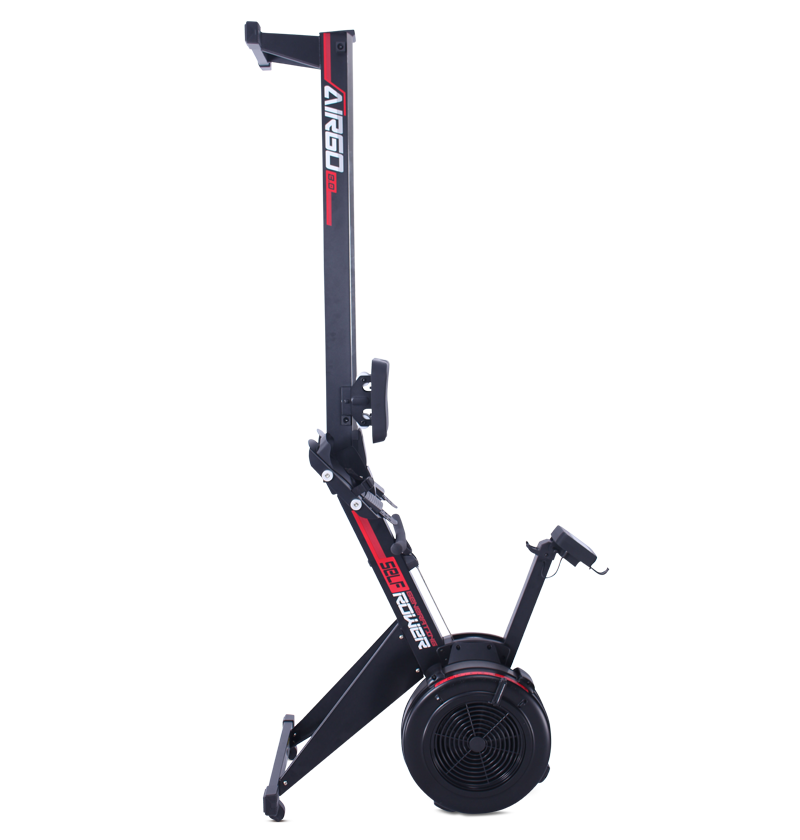 Commercial AirGo Rower rowing machine with black and red color scheme, featuring a thick padded seat, console with various function buttons, and air resistance mechanism.