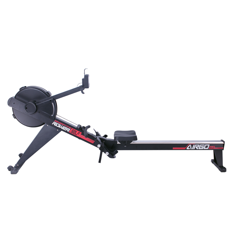 Commercial AirGo Rower rowing machine with black and red color scheme, featuring a thick padded seat, console with various function buttons, and air resistance mechanism.