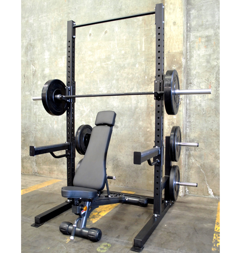 Deluxe Squat Rack featuring a bench and weights, designed for strength training and fitness workouts.