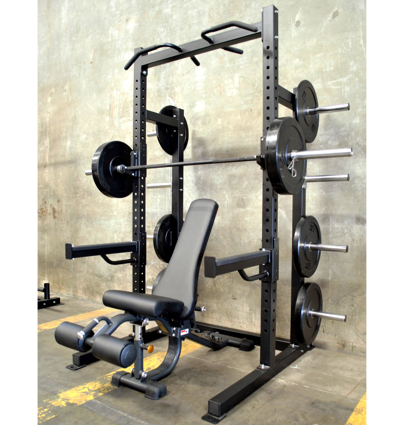 A composite image featuring a black pro half rack with multi grip pull up bar, spotter arms, power bar, spring collars, J-hooks, weight holders, and an adjustable bench with bumper plates.