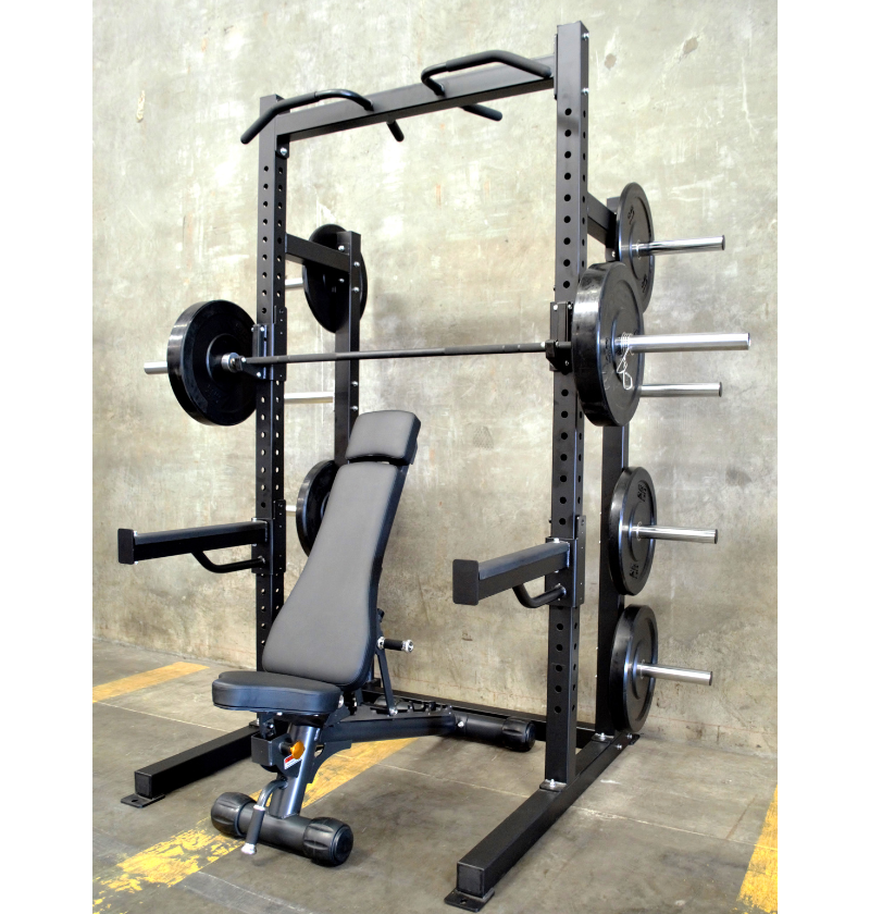 A composite image featuring a black pro half rack with multi grip pull up bar, spotter arms, power bar, spring collars, J-hooks, weight holders, and an adjustable bench with bumper plates.