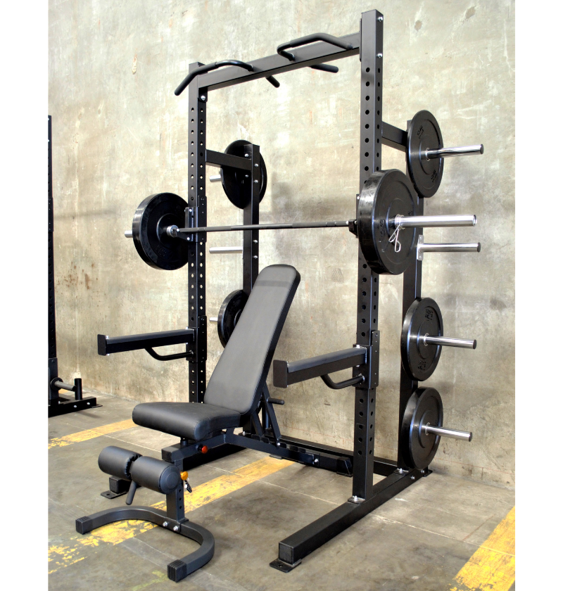 A composite image featuring a black pro half rack with multi grip pull up bar, spotter arms, power bar, spring collars, J-hooks, weight holders, and an adjustable bench with bumper plates.