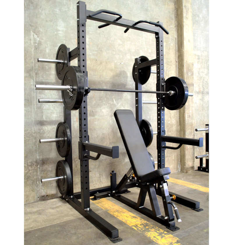 A composite image featuring a black pro half rack with multi grip pull up bar, spotter arms, power bar, spring collars, J-hooks, weight holders, and an adjustable bench with bumper plates.