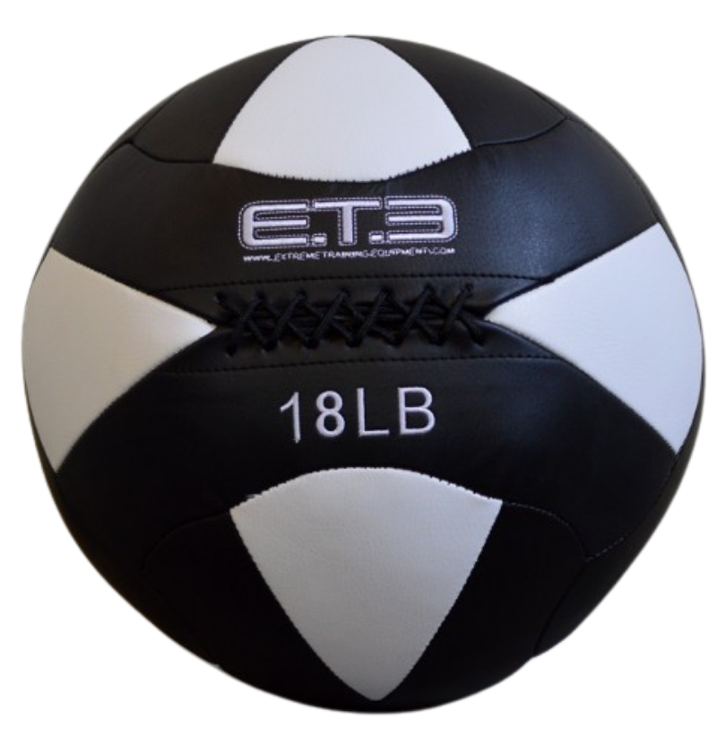 A black and gray pro wall ball with the label ETE 18lb in the center