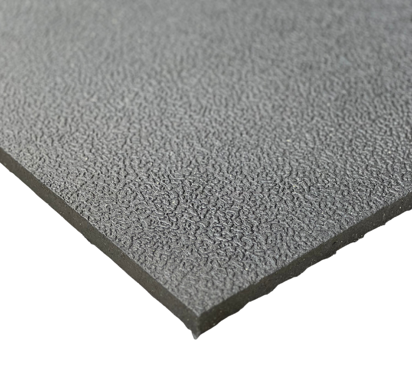 Gray rubber sheet, 4' x 6' and 3/4" thick, set on a white background, highlighting its durable surface.