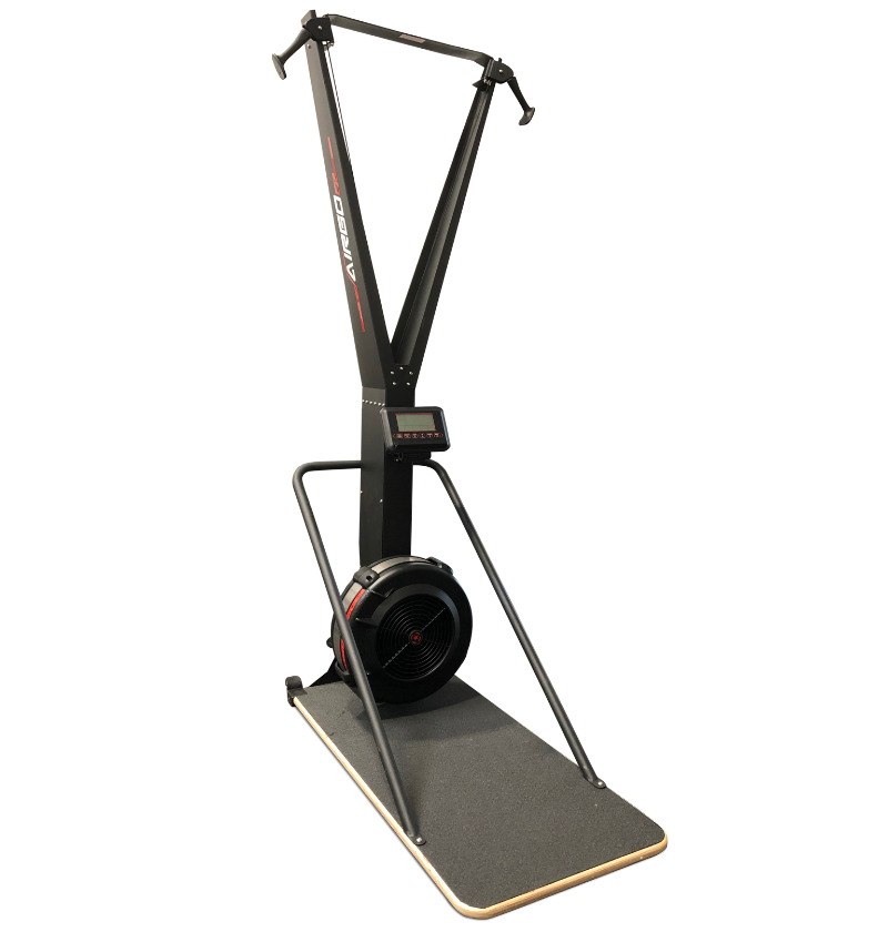 A stationary bike with a black handlebar, labeled as the AirGo 8.0 Ski Trainer, designed for indoor exercise.