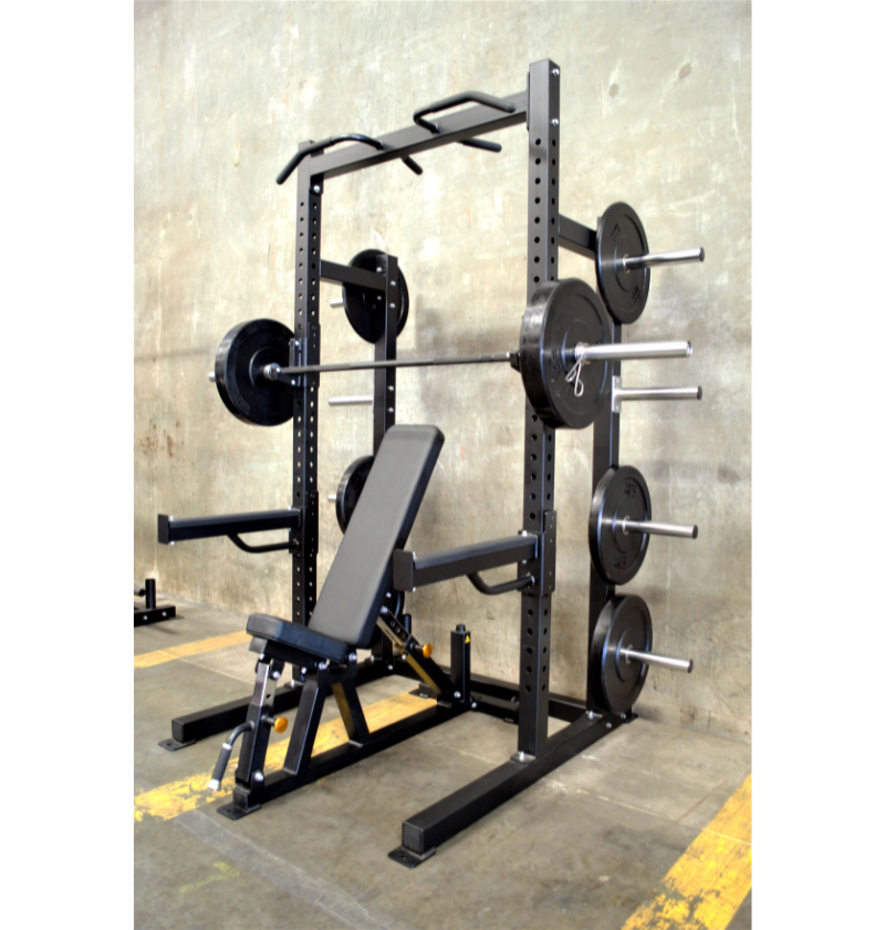 Pro Half Rack with bench, barbell and weights
