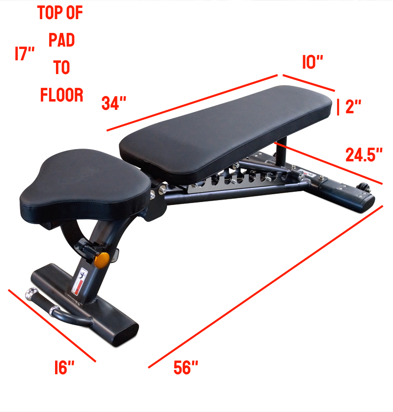 Adjustable Flat Incline Bench with labeled dimensions