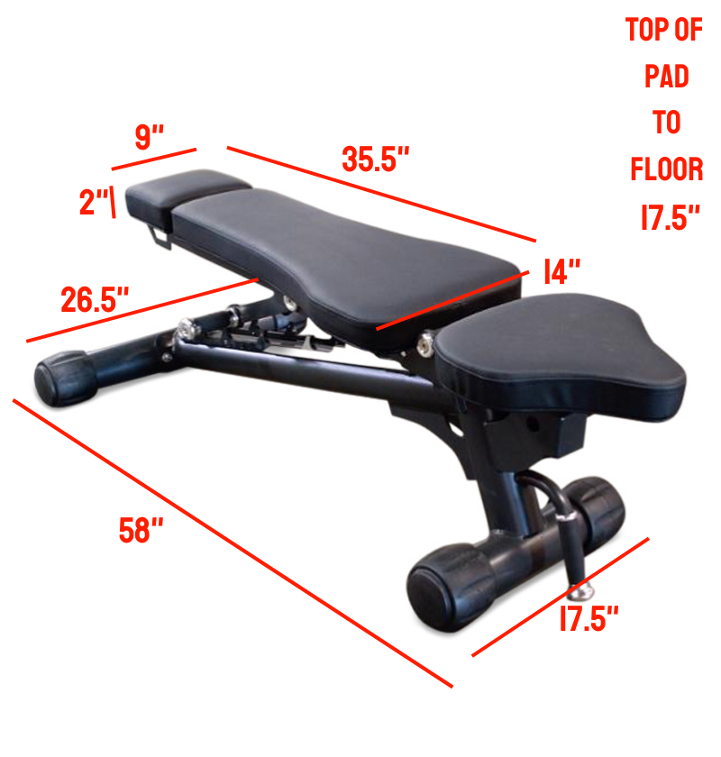 Adjustable Flat Incline Bench Elite with labeled dimensions