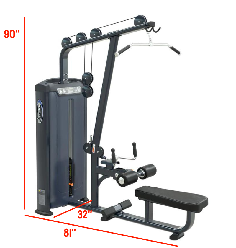 Detailed measurements of Body-Solid PL7915 Lat Pulldown Low Row gym equipment shown in the image.