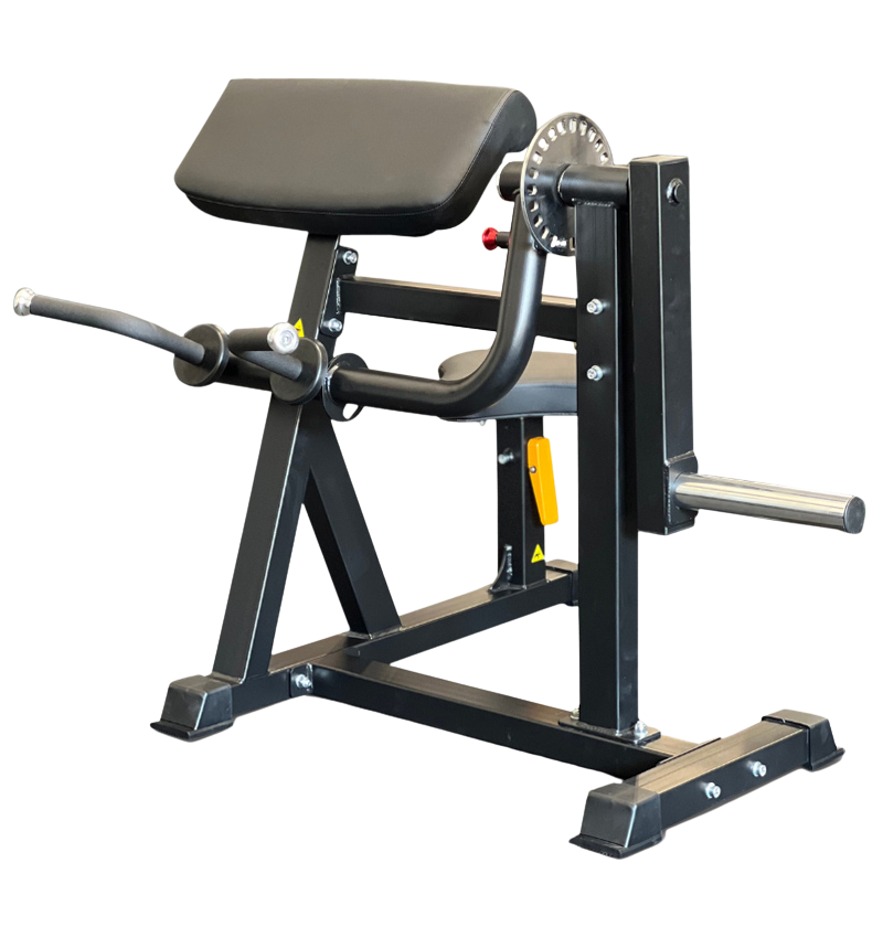 Plate Loaded Biceps Triceps Machine featuring a bench with a seat and arm support for strength training exercises.